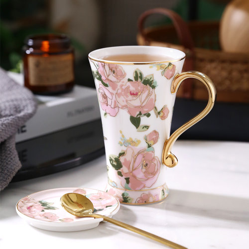nosin诺轩法式玫瑰花卉田园陶瓷马克杯带盖勺水杯轻奢女家用杯子 - 图0