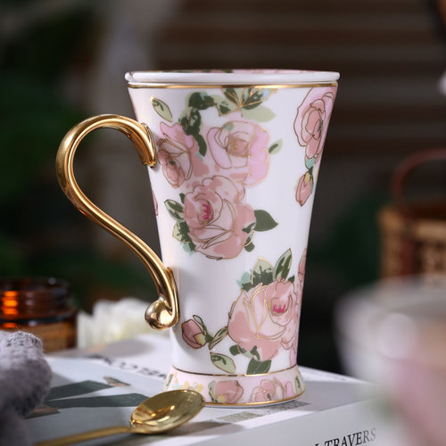 nosin诺轩法式玫瑰花卉田园陶瓷马克杯带盖勺水杯轻奢女家用杯子 - 图1