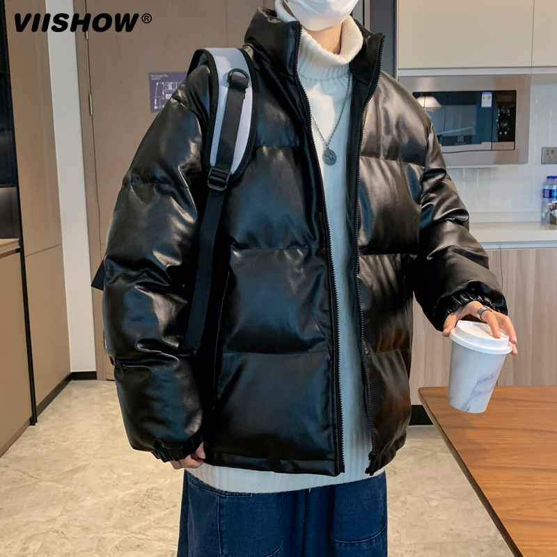 VISHOW羽绒棉衣男士立领冬季外套短款面包服潮流宽松棉袄PU皮衣