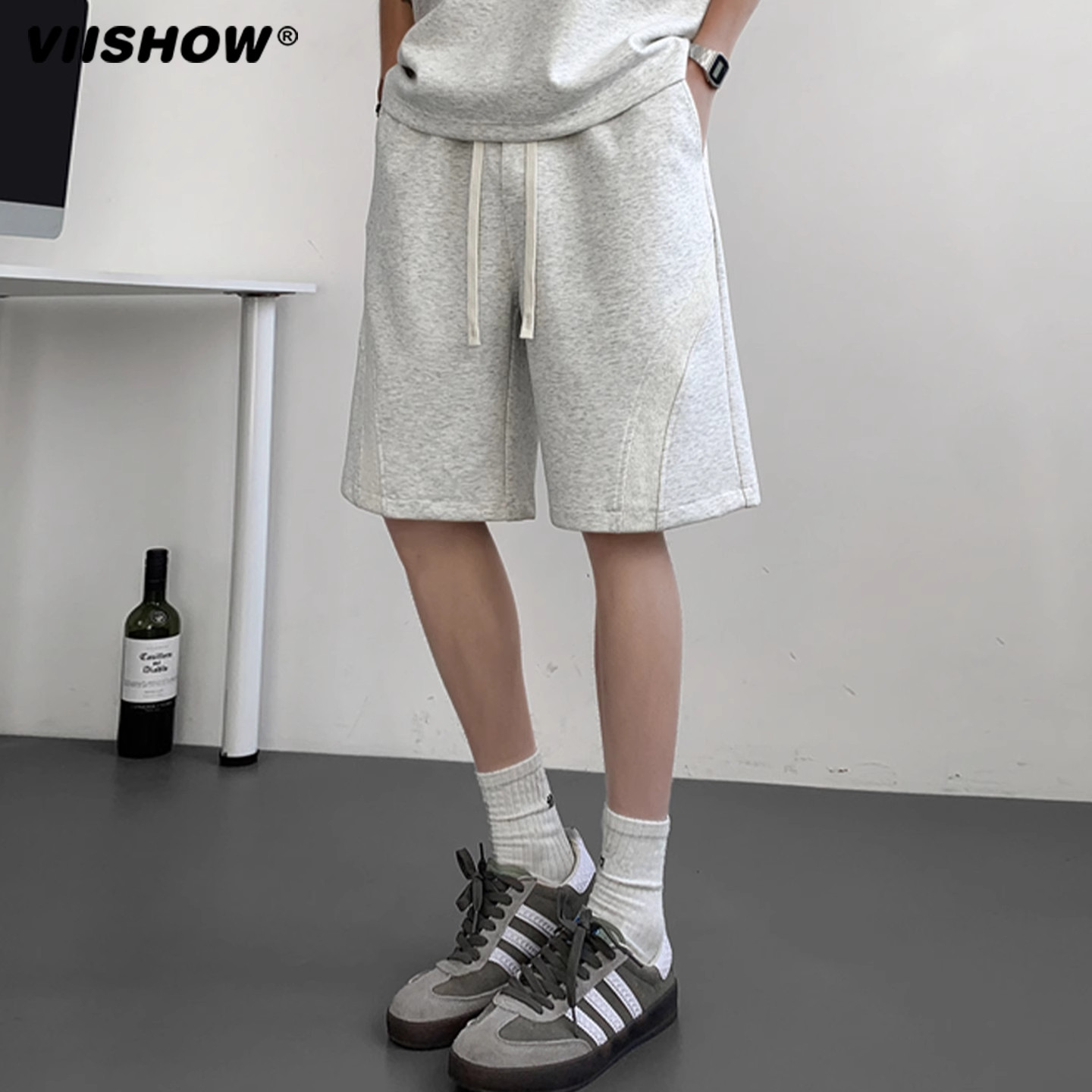 VIISHOW重磅休闲裤短裤2025年夏季新款男款百搭潮流高街纯色线条,淘宝优惠券,粉丝福利购,淘宝优惠卷