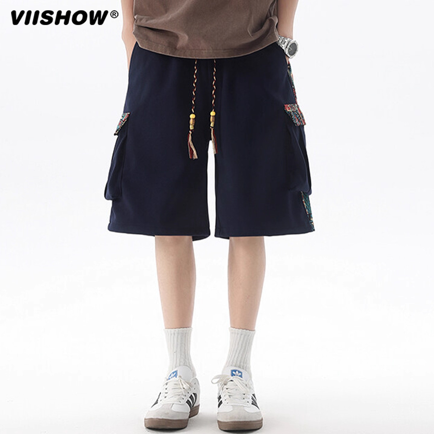 VIISHOW新中式刺绣短裤男夏季宽松休闲国潮中裤潮牌运动5五分裤子,淘宝优惠券,粉丝福利购,淘宝优惠卷