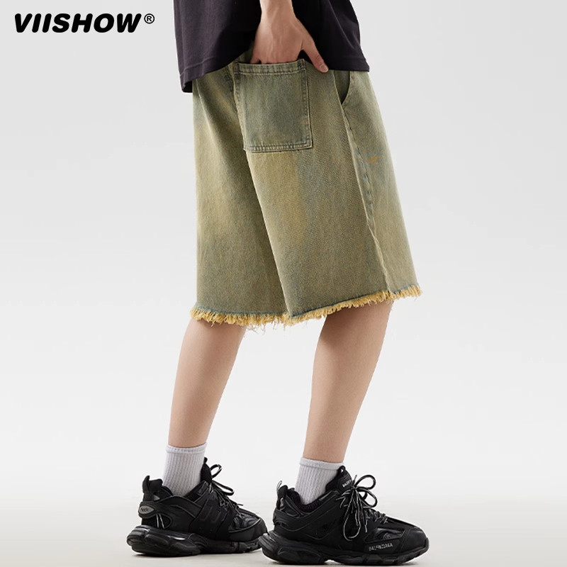 VIISHOW美式复古做旧水洗牛仔短裤男流苏夏季新款宽松直筒五分裤,淘宝优惠券,粉丝福利购,淘宝优惠卷