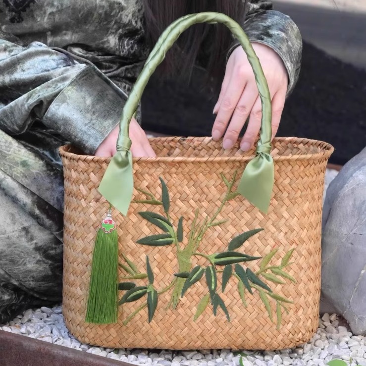 【刺绣手工提篮】海草编织中式创意包装春节伴手礼点心包装手提篮 - 图1