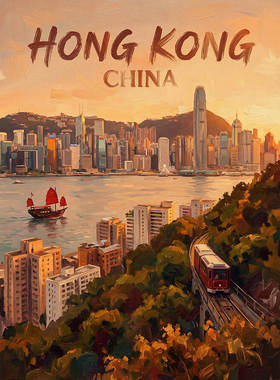 装饰画无框画城市风景HONGKONG香港夜景维多利亚湾街道摄影复古
