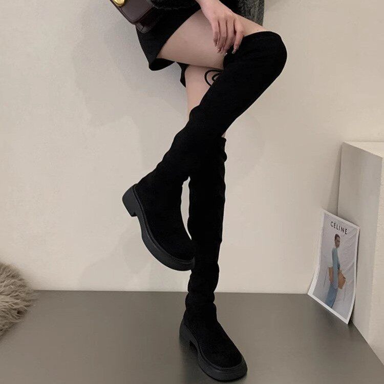 厚底过膝长靴女显瘦2025新款法式绒面高筒瘦瘦靴弹力骑士靴长筒靴,淘宝优惠券,粉丝福利购,淘宝优惠卷