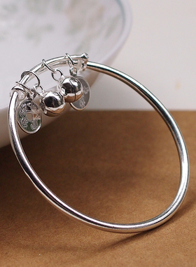 新中式吉祥如意铜钱铃铛银手镯