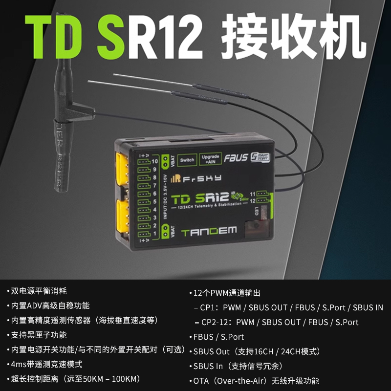 FrSky睿思凯TDSR12双频段自稳接收机12通道18SR18接收器2.4G900M-图1