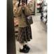 Hong Kong style retro coffee color v-neck sweater jacket for women autumn and winter new knitted cardigan retro plaid skirt suit
