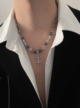 十字架拼接项链男款潮冷淡中性风嘻哈风小众设计高级感锁骨链新款