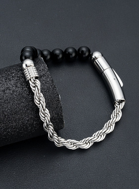 虎眼石手串男不锈钢麻花链双拼色不掉色个性欧美钛钢手镯