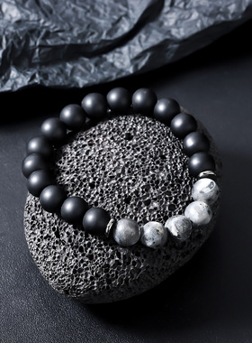 黑曜石雪花石手链男热卖时尚个性地图石手串女高级百搭饰品潮