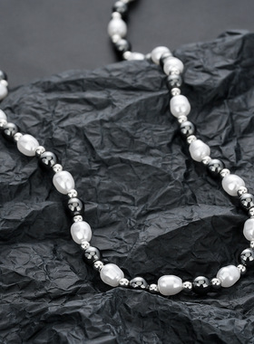 黑胆石珍珠项链男欧美时尚简约个性设计串珠首饰女高级百搭饰品潮