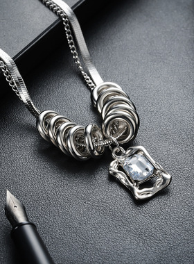 钛钢套圈皓石双层项链男酷帅街拍嘻哈双层小众圆圈流苏毛衣链女潮