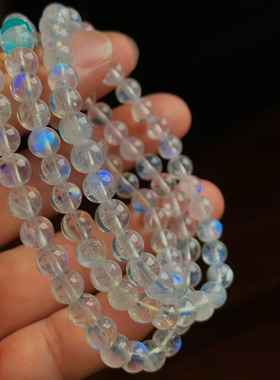 【琨瑜】印度彩虹光 强光玻璃体 彩虹月光石三圈手链6mm