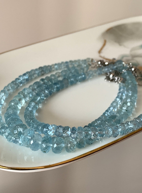 原矿无胶无酸洗 巴西海蓝宝手链 玻璃体圣玛利亚蓝 钻石切面手链