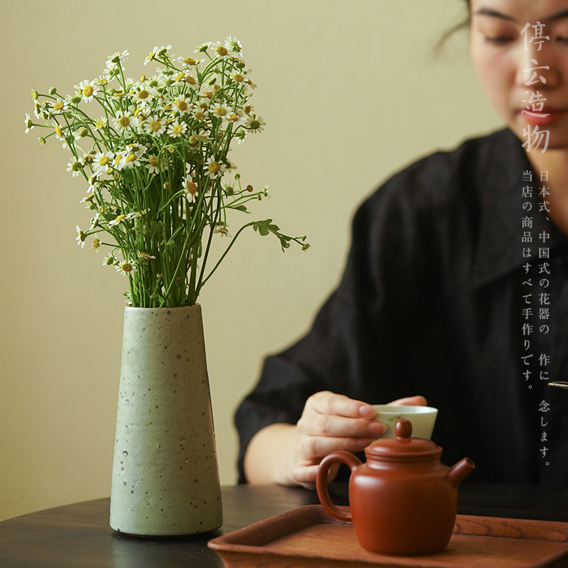 日式侘寂风粗陶小花瓶古朴复古中古陶瓷花器家居客厅绿色插花摆件 - 图2