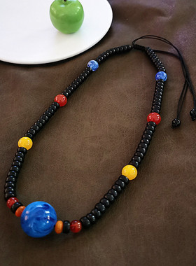 文艺复古蓝色蜜蜡圆珠短款项链女式禅意毛衣链原创民族风棉麻挂件