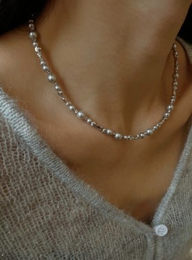 法式贝珠女灰色毛衣项链