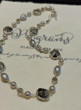 天然淡水真珍珠高级灰色晕染水晶项链毛衣链颈链百搭时尚女秋冬新