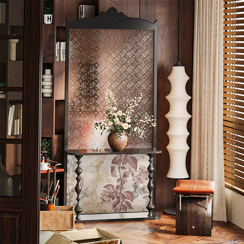 法式混搭风抽象海棠玻璃实木屏风隔断客厅玄关置物架装饰移动座屏,淘宝优惠券,粉丝福利购,淘宝优惠卷