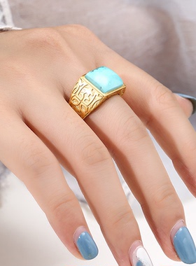 霸气方形戒指空托镶嵌蜜蜡绿松石