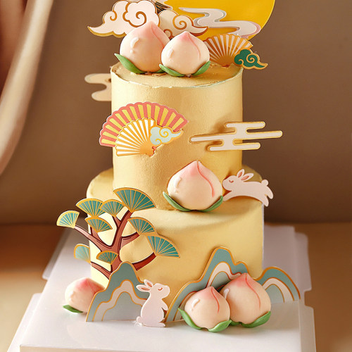 网红烘焙国风蛋糕装饰摆件中式祝寿生日仙鹤寿桃祥云松树圆月插件 - 图1