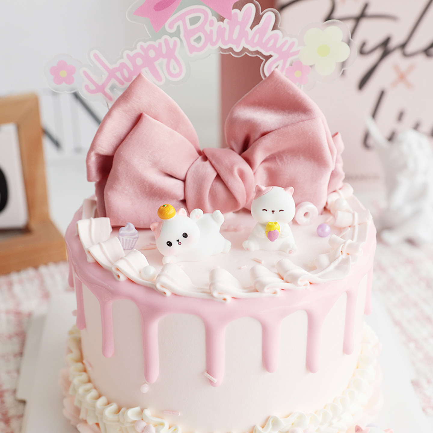 粉耳朵小猫咪蝴蝶结公主少女生日蛋糕装饰摆件Happy Birthday插卡,淘宝优惠券,粉丝福利购,淘宝优惠卷