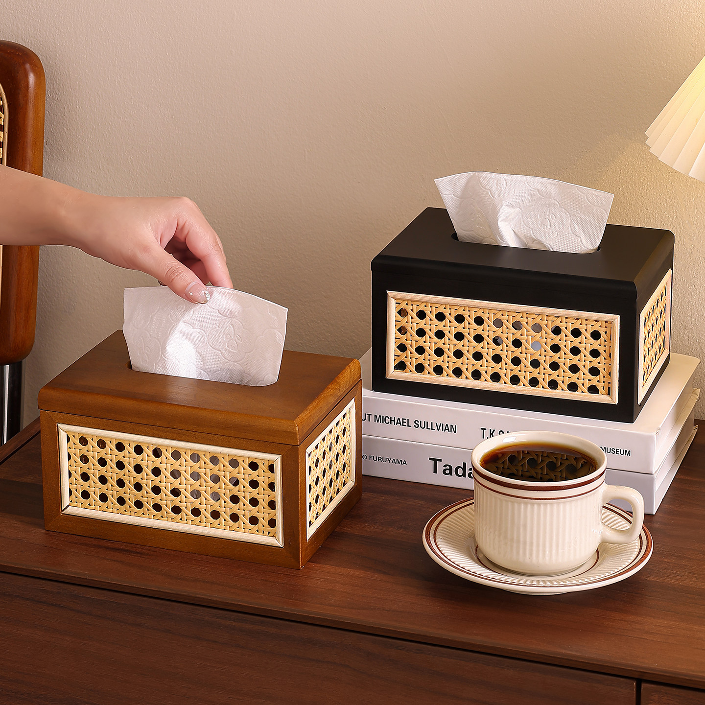 中古风玄关纸巾盒摆件客厅高级感桌面装饰家用藤编木质高档抽纸盒,淘宝优惠券,粉丝福利购,淘宝优惠卷