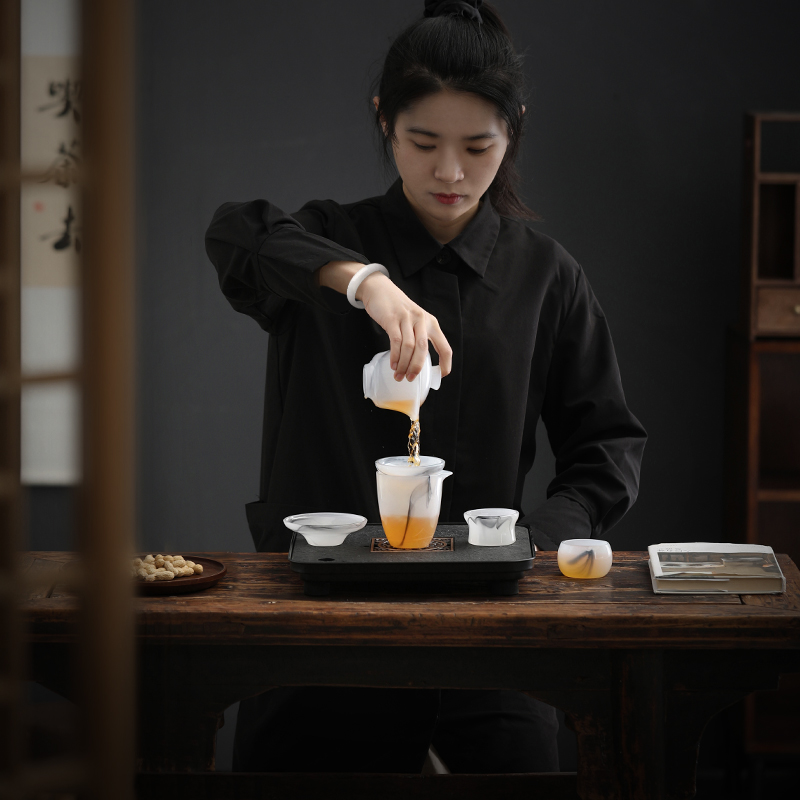 尚言坊严选水墨冰种琉璃茶具套装功夫家用轻奢高档白玉办公室礼盒