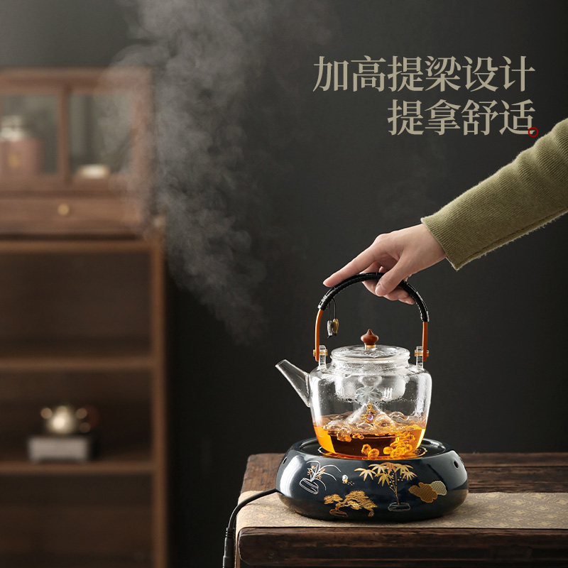 尚言坊严选玻璃煮茶壶镶银烧水壶大耐高温电陶炉专用泡茶壶提梁壶