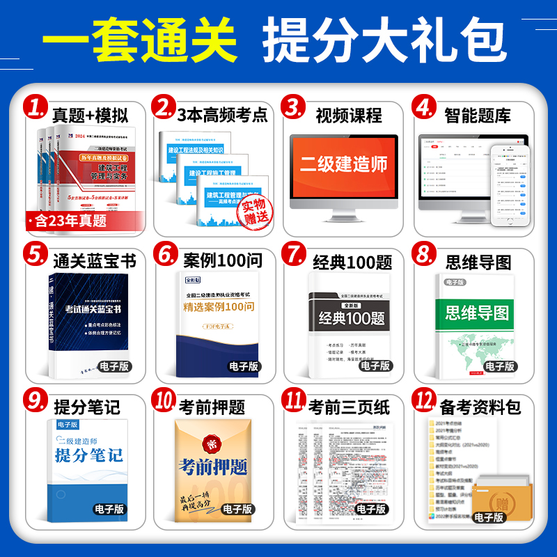 2024年二级建造师考试历年真题库试卷建筑市政机电水利水电公路实务法规24官方二建资料一本通教材书章节练习题全科试题习题集案例 - 图1