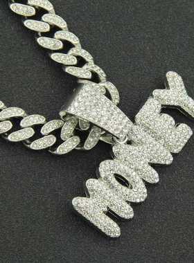 新款美式嘻哈镶钻霸气MONEY字母大吊坠INS网红说唱满钻古巴项链潮