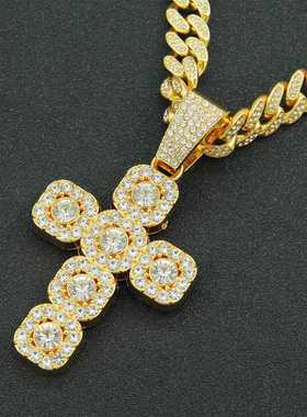 新款美式嘻哈奢华霸气冰糖大钻十字架网红说唱满钻时尚古巴项链潮