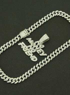 新款美式嘻哈镶钻大吊坠网红说唱满钻古巴项链没钱没自由字母百搭