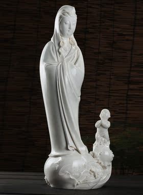 童子拜观音佛像供奉摆件德化白瓷