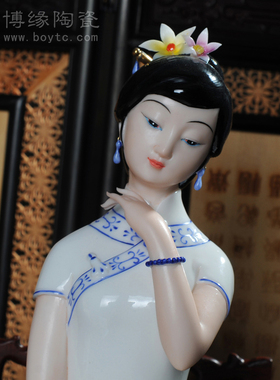 德化陶瓷古典风美女乐器工艺摆件