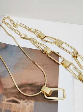 欧美夸张网红嘻哈几何方形金色多层粗链条项链女锁骨链双层颈链女