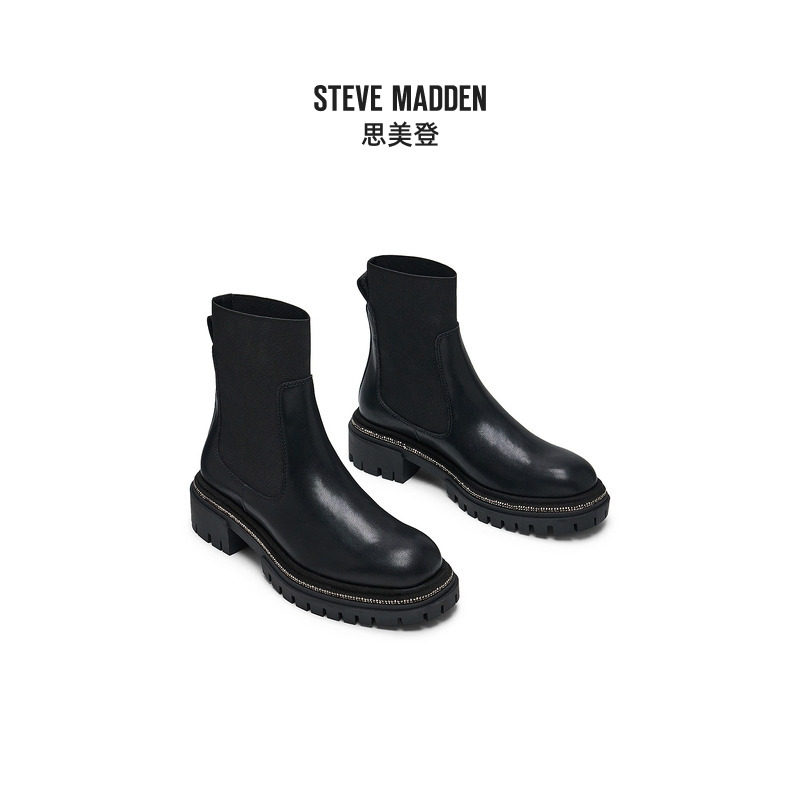 Steve Madden思美登2024年秋冬新款女鞋黑色切尔西靴短靴