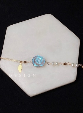 天然水晶原创设计 灰月光石流光花花雕刻14K包金手链小众高级感新