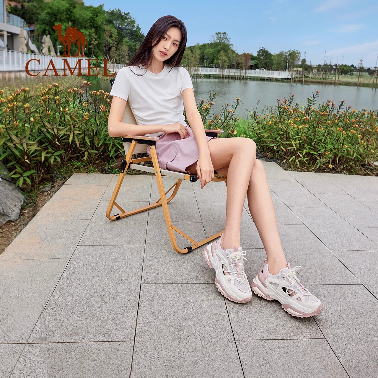 骆驼户外休闲鞋夏季新款透气镂空运动老爹鞋厚底户外徒步鞋女鞋 - 图0