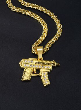 欧美跨境嘻哈项链锌合金镶钻微型冲锋枪吊坠hiphop潮男饰品批发