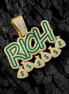 迈阿密欧美RICH字母镶钻嘻哈古巴项链 男士长款嘻哈潮人饰品批发