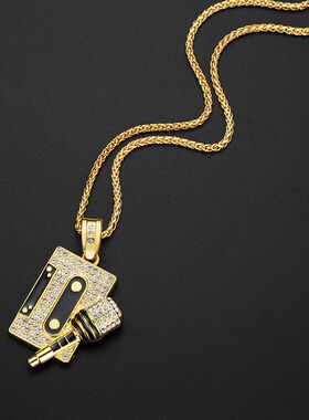 嘻哈磁带麦克风吊坠项链长款男士潮牌欧美风饰品合金镶钻跨境货源