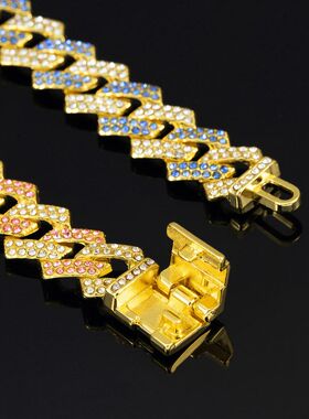 欧美跨境爆款15mm菱形小翻盖古巴链高品质粉色蓝色hiphop项链批发