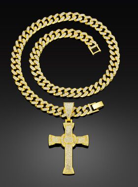 美式经典满钻轻奢嘻哈十字架项链吊坠迈阿密古巴链饰品跨境电商款