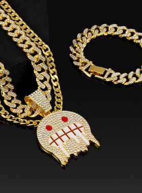 亚马逊跨境热销个性时尚鬼脸吊坠合金满钻古巴项链手链NK链工厂价