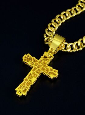 跨境新品嘻哈十字架合金项链大金满钻古巴链欧美潮男女首饰批发