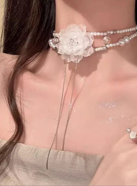 choker山茶花双层叠戴项链女复古时尚气质脖颈链轻奢高级感锁骨链