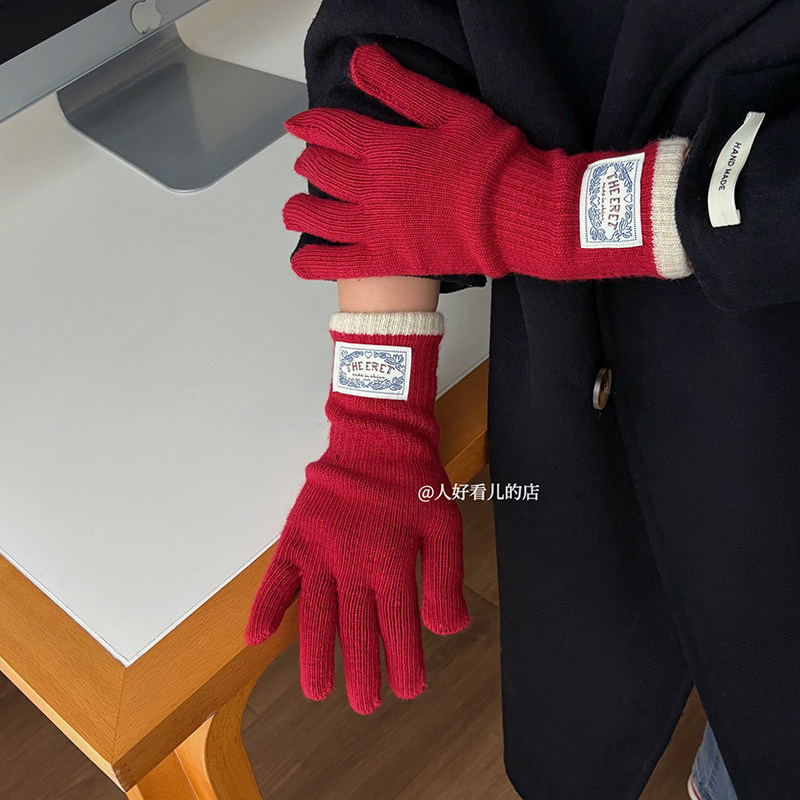 韩系ins贴布标手套女2025冬季新款加厚学生防寒保暖露指可触屏潮