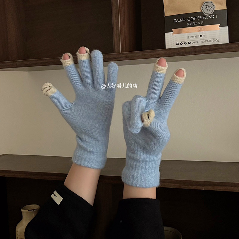 韩系ins可爱小怪兽针织手套女2025秋冬新款保暖防寒可触屏手套潮